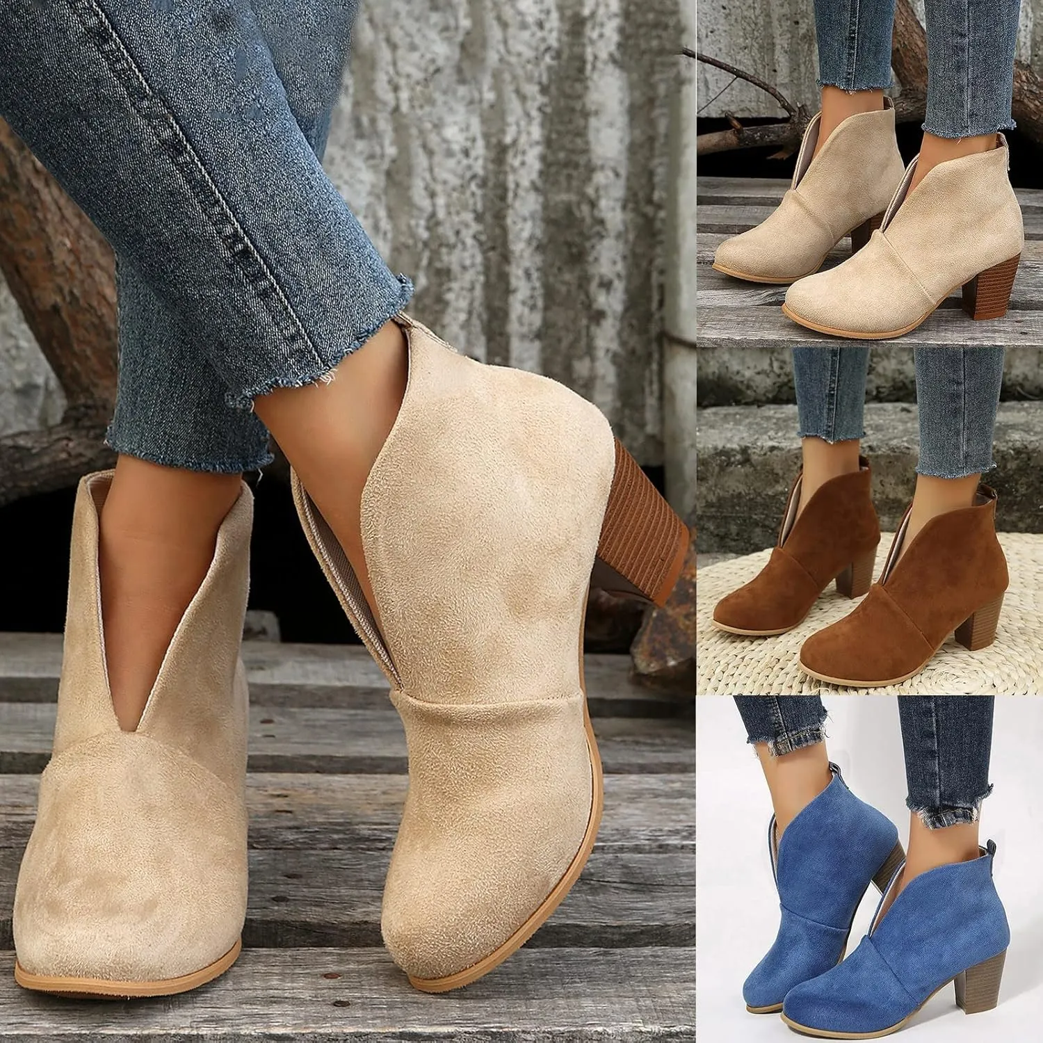 Ankle Boots for Women Platform Low Heel Ankle Boots Western Cowboy Pointed Toe Fashion Retro Classic Pull-On Ankle Booties