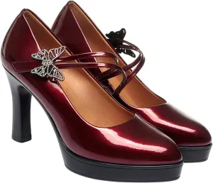 bbruriy Womens Platform Chunky High Heels Double Ankle Strap Buckles Sexy Pointed Toe Leather Heels Pumps Fashion Dress Party Mary Jane Shoes,Red,40