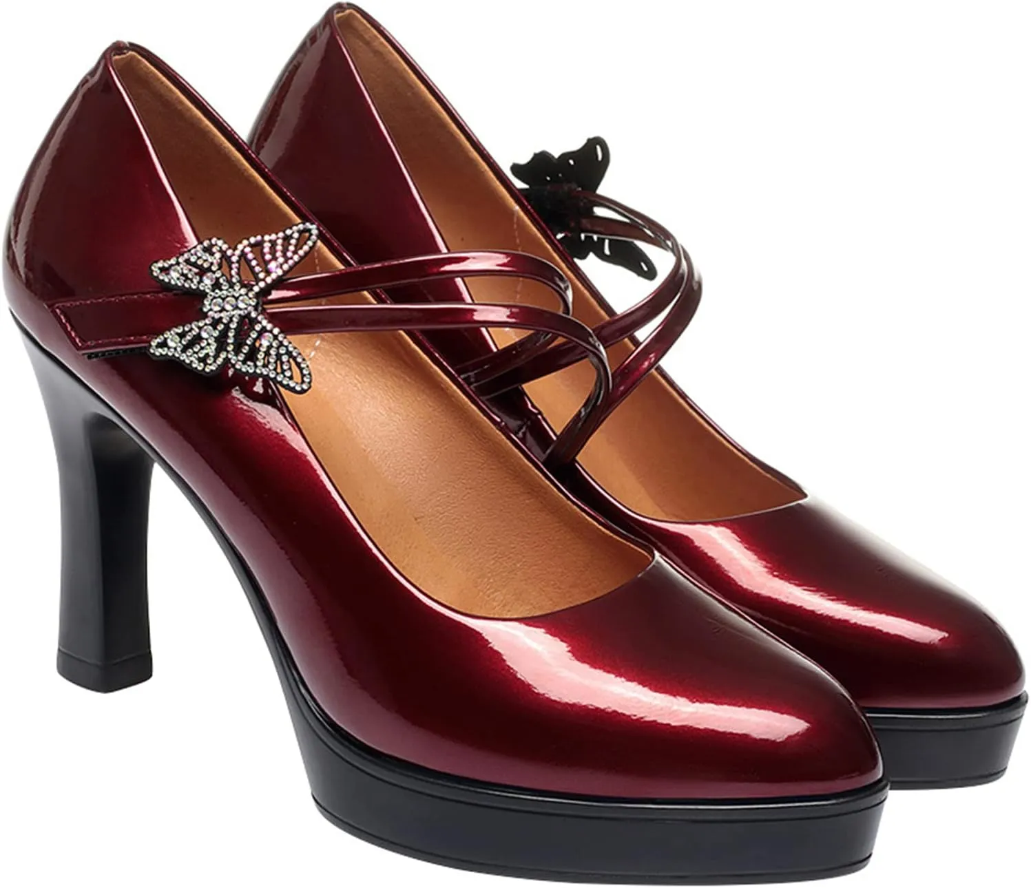 bbruriy Womens Platform Chunky High Heels Double Ankle Strap Buckles Sexy Pointed Toe Leather Heels Pumps Fashion Dress Party Mary Jane Shoes,Red,40
