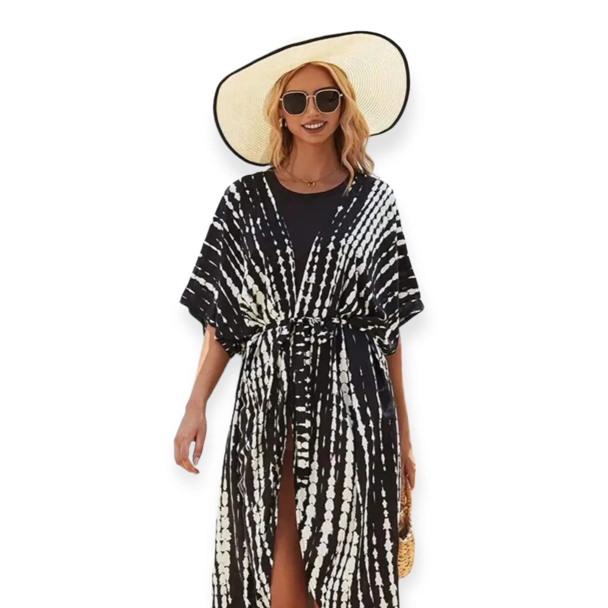 Black White Maxi Kimono Robe