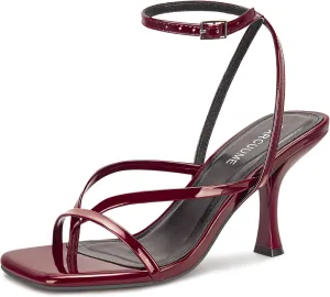 Carcuume Womens Kitten Heels Square Toe Thong Strappy Ankle Strap Stiletto Heel Sandals