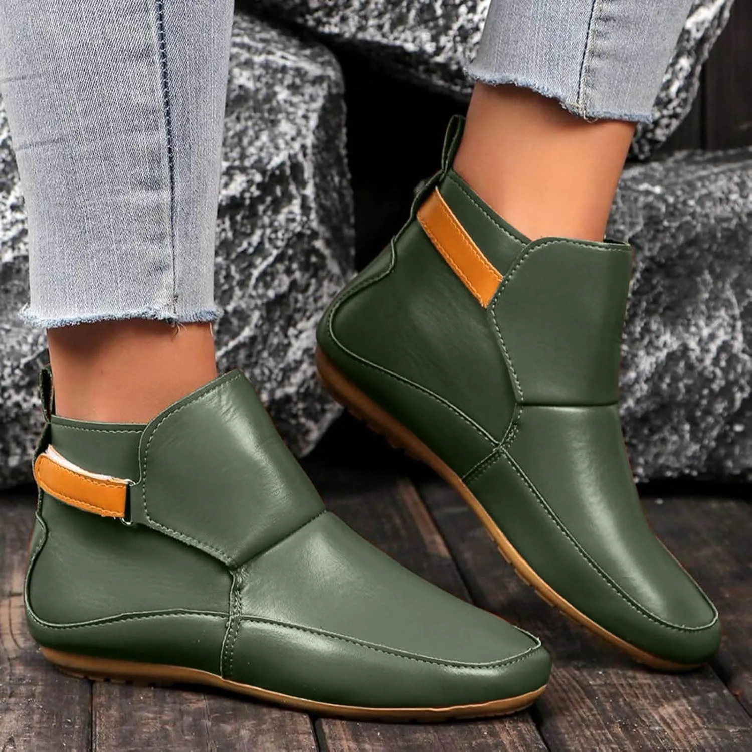 Cathalem Ankle Boots for Women No Heel,Arch Support Booties Side Zip-up Vintage Leather Damping Shoes Flat Heel Booties