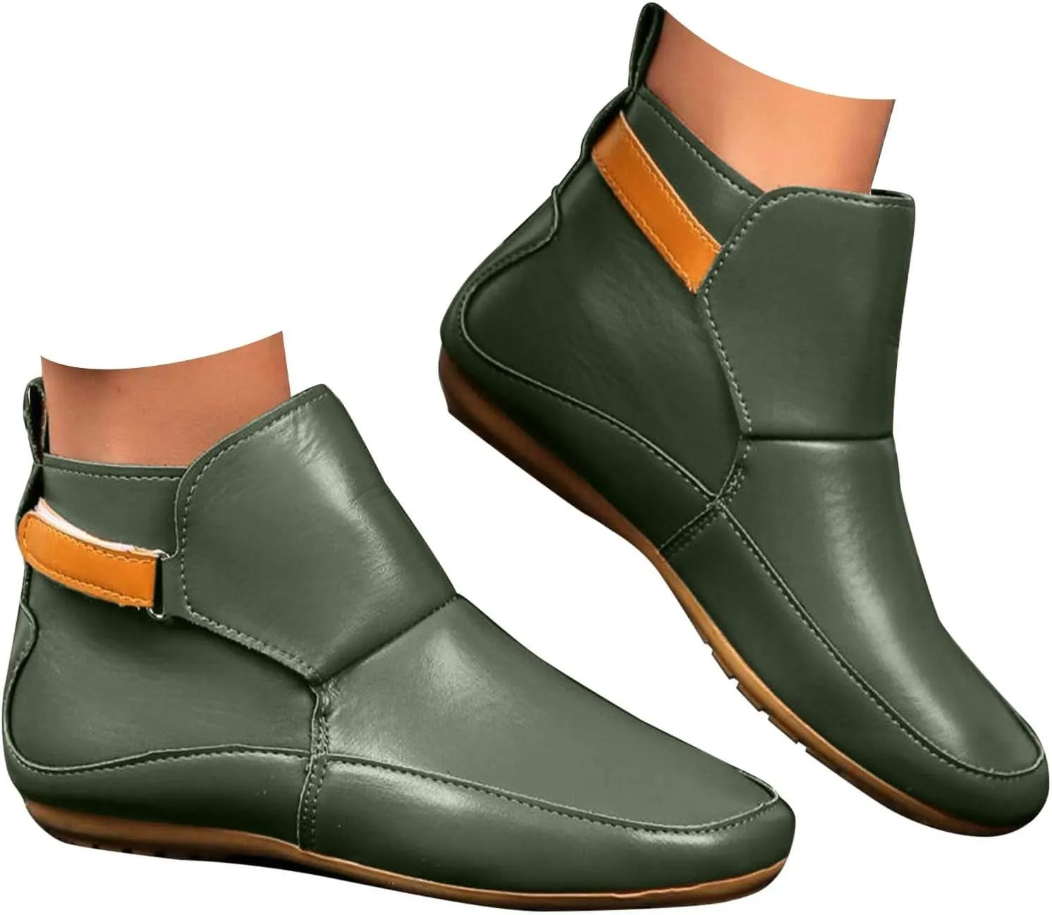 Cathalem Ankle Boots for Women No Heel,Arch Support Booties Side Zip-up Vintage Leather Damping Shoes Flat Heel Booties