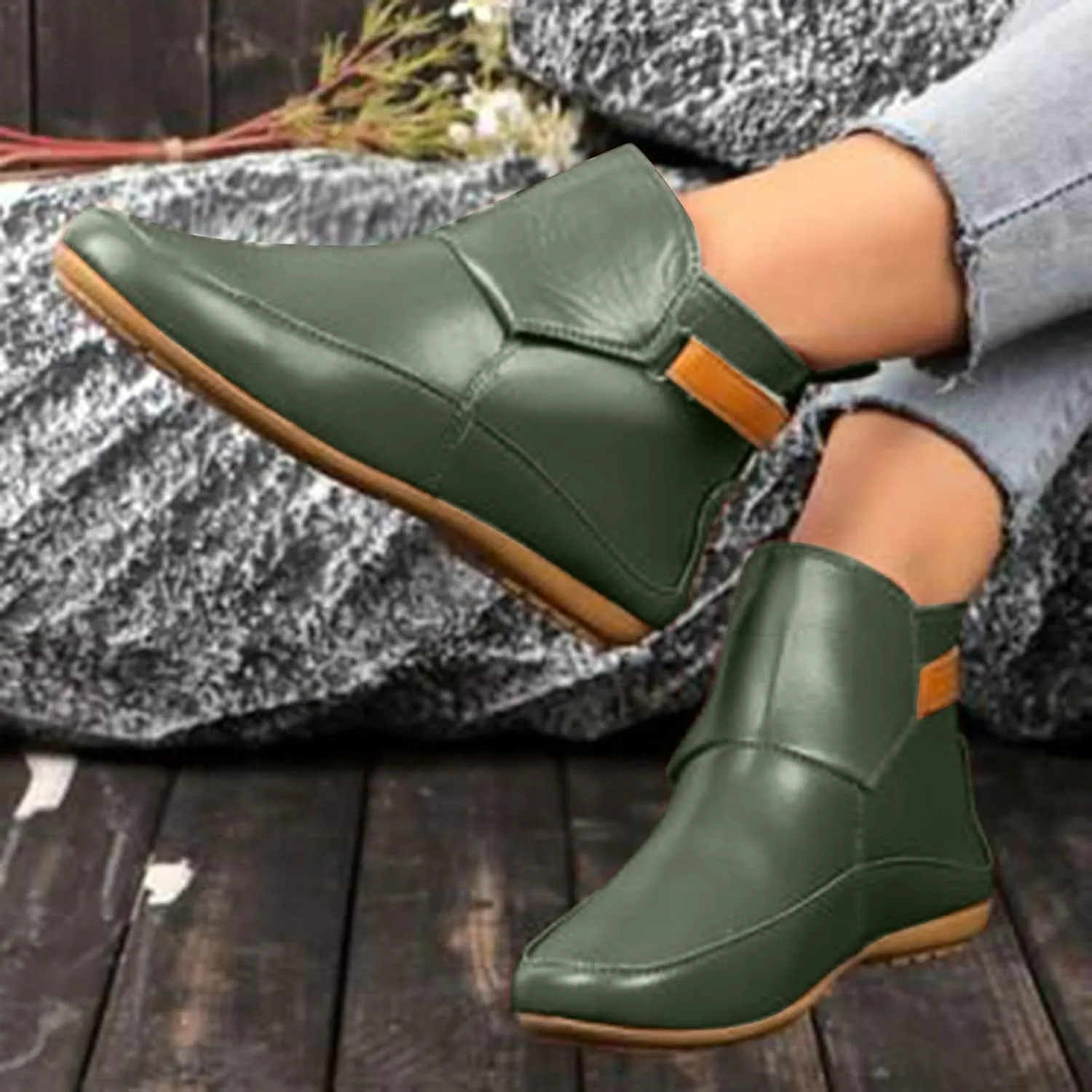 Cathalem Ankle Boots for Women No Heel,Arch Support Booties Side Zip-up Vintage Leather Damping Shoes Flat Heel Booties