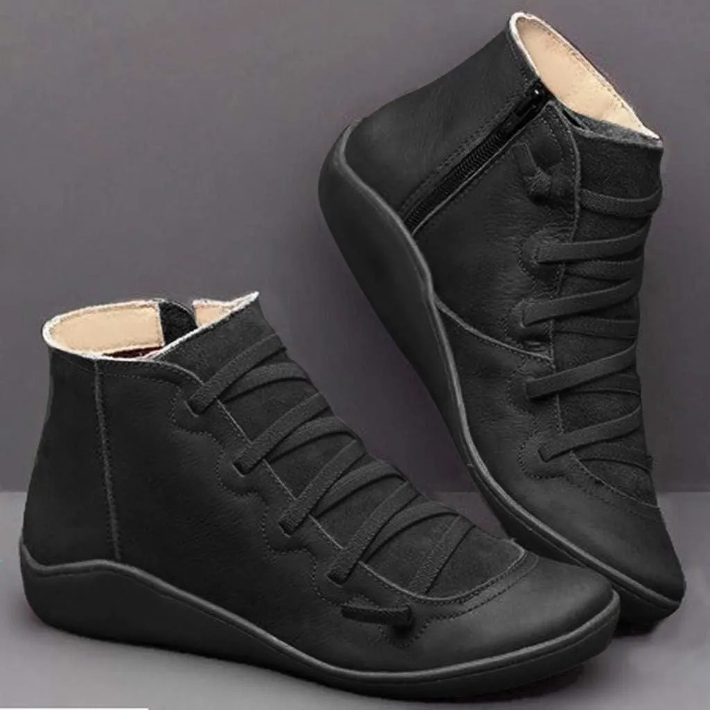 Cathalem Ankle Boots for Women Women's Arch Support Fashion Lace up Side Zip Vintage Booties Flat Heel Leather Damping Shoes