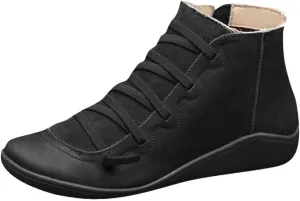 Cathalem Ankle Boots for Women Women's Arch Support Fashion Lace up Side Zip Vintage Booties Flat Heel Leather Damping Shoes