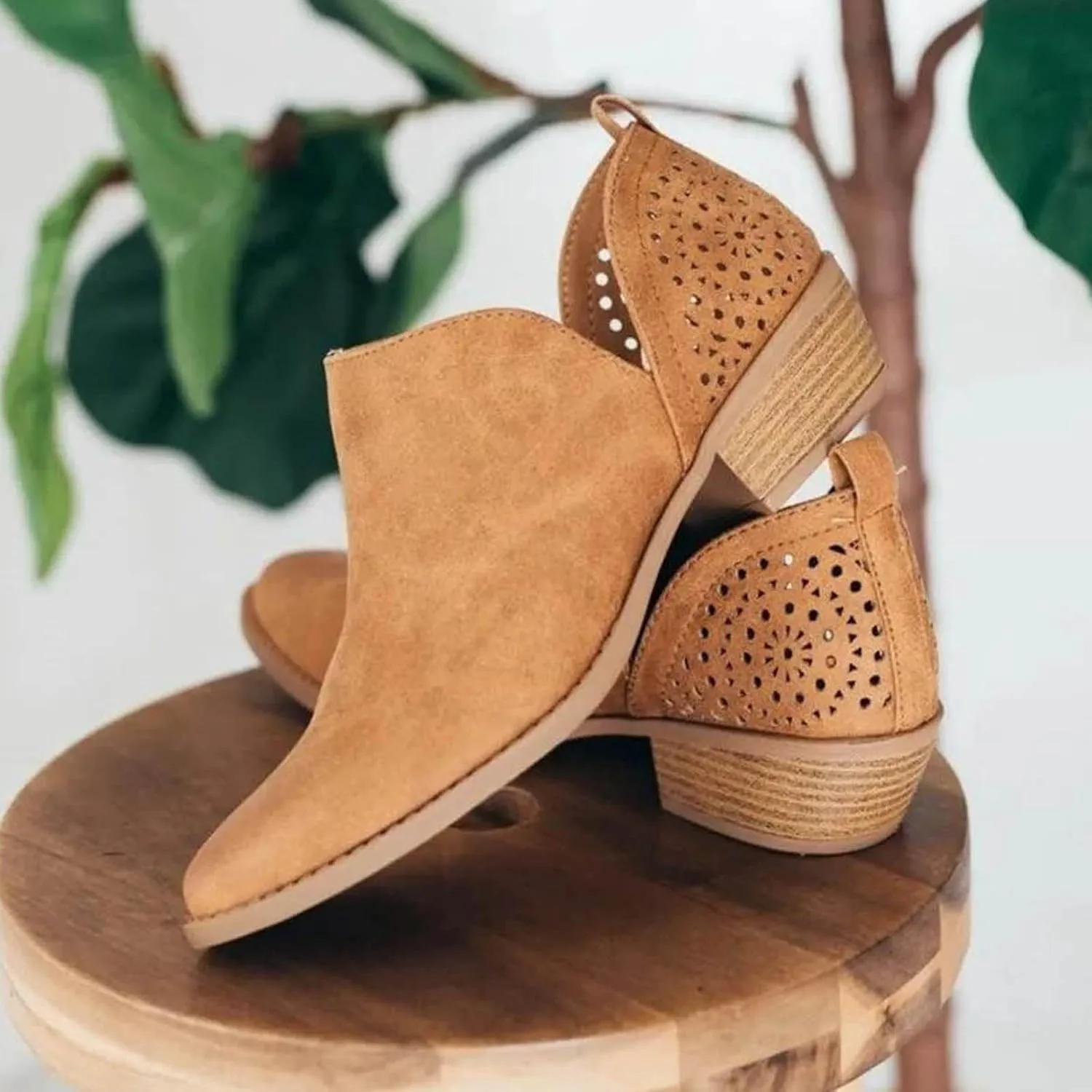 Cathalem Booties for Women Cowgirl Boots Stacked Low Heel Ankle Booties Slip On Perforated Western Booties Cutout Shoes