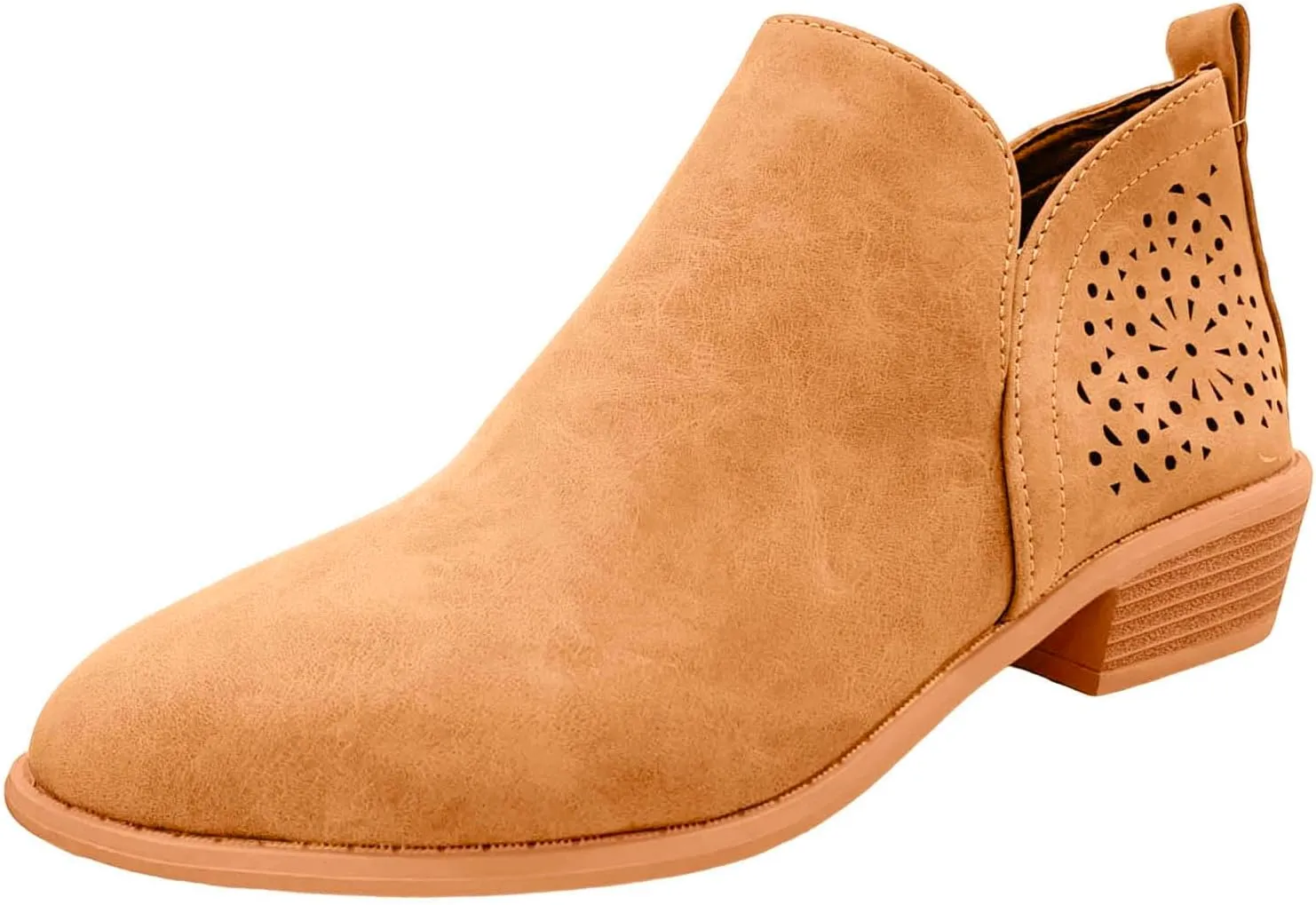 Cathalem Booties for Women Cowgirl Boots Stacked Low Heel Ankle Booties Slip On Perforated Western Booties Cutout Shoes