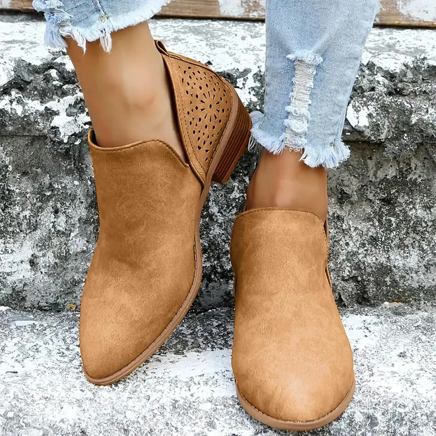 Cathalem Booties for Women Cowgirl Boots Stacked Low Heel Ankle Booties Slip On Perforated Western Booties Cutout Shoes
