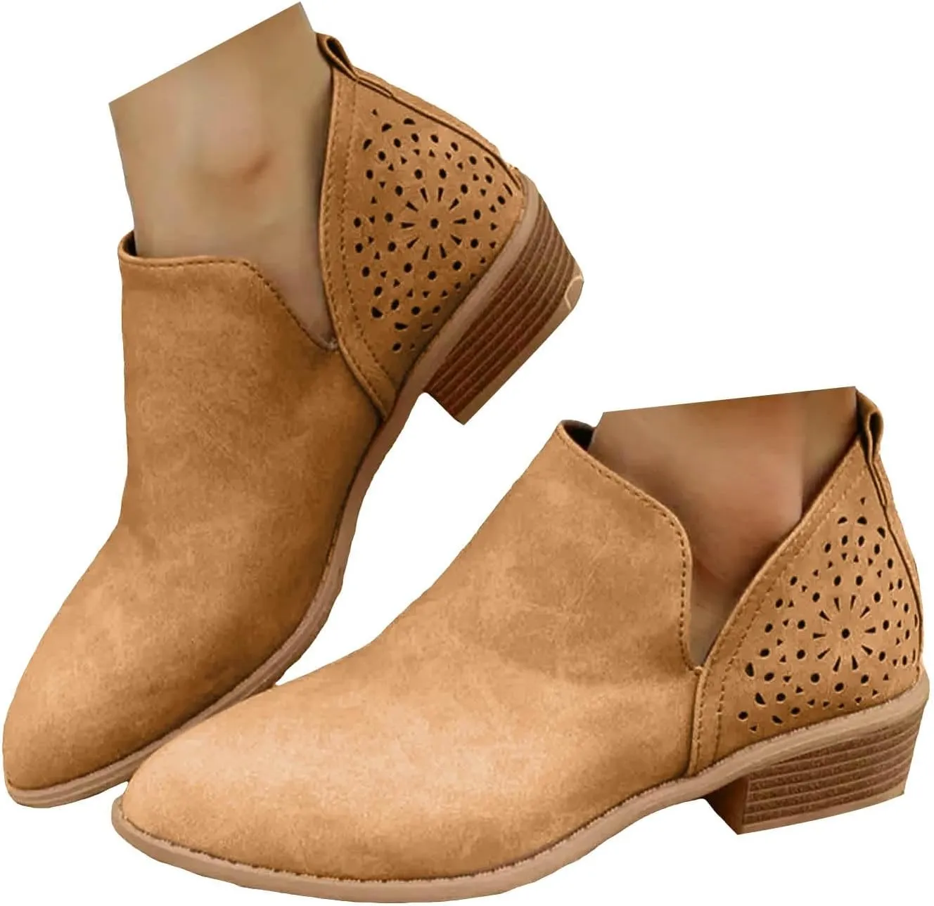 Cathalem Booties for Women Cowgirl Boots Stacked Low Heel Ankle Booties Slip On Perforated Western Booties Cutout Shoes