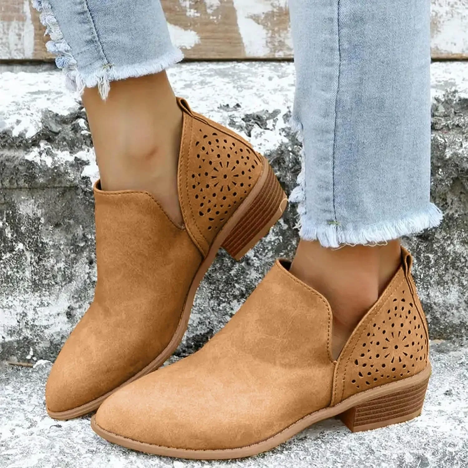 Cathalem Booties for Women Cowgirl Boots Stacked Low Heel Ankle Booties Slip On Perforated Western Booties Cutout Shoes