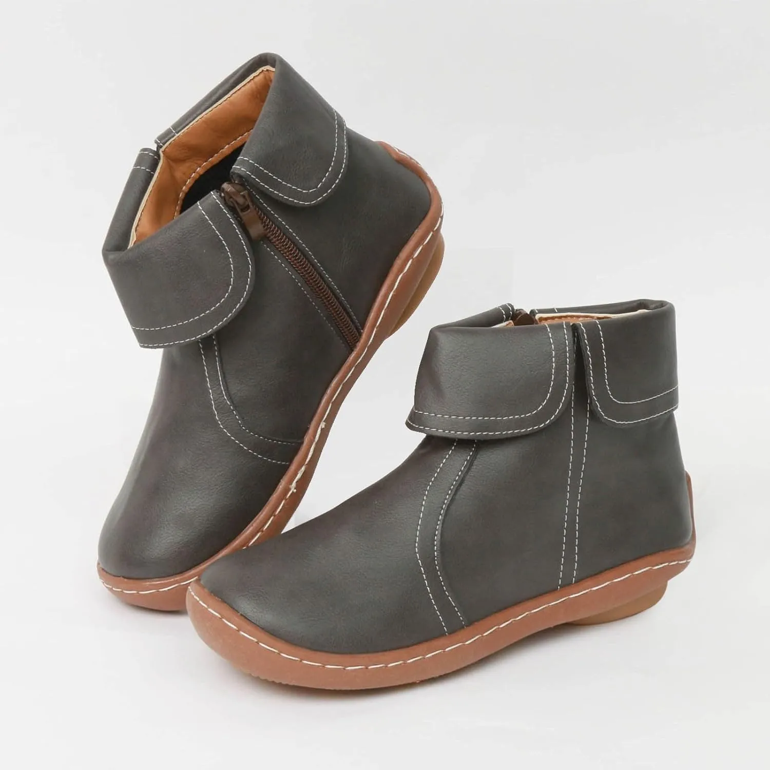 Cathalem Boots for Women, 2024 New Flat Heel Booties Arch Support Booties Side Zip-up Vintage Leather Damping Shoes