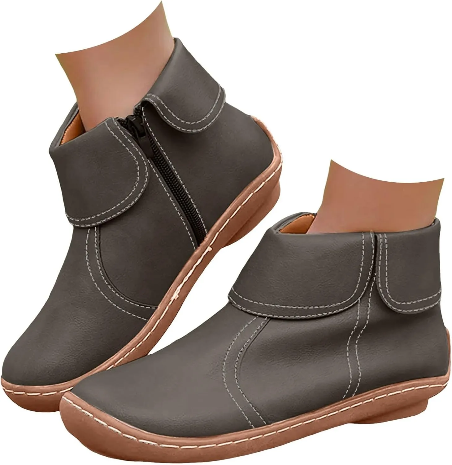Cathalem Boots for Women, 2024 New Flat Heel Booties Arch Support Booties Side Zip-up Vintage Leather Damping Shoes