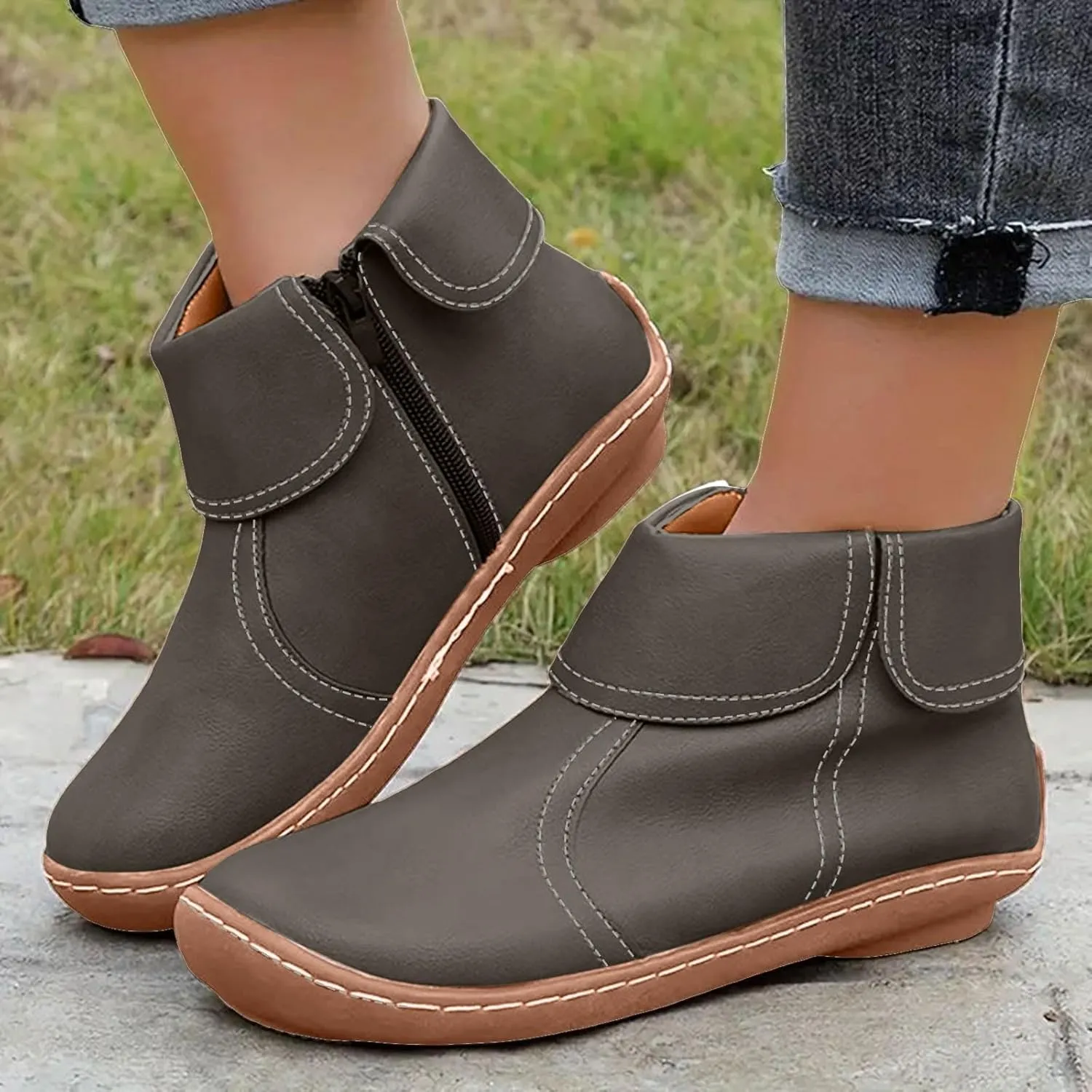 Cathalem Boots for Women, 2024 New Flat Heel Booties Arch Support Booties Side Zip-up Vintage Leather Damping Shoes