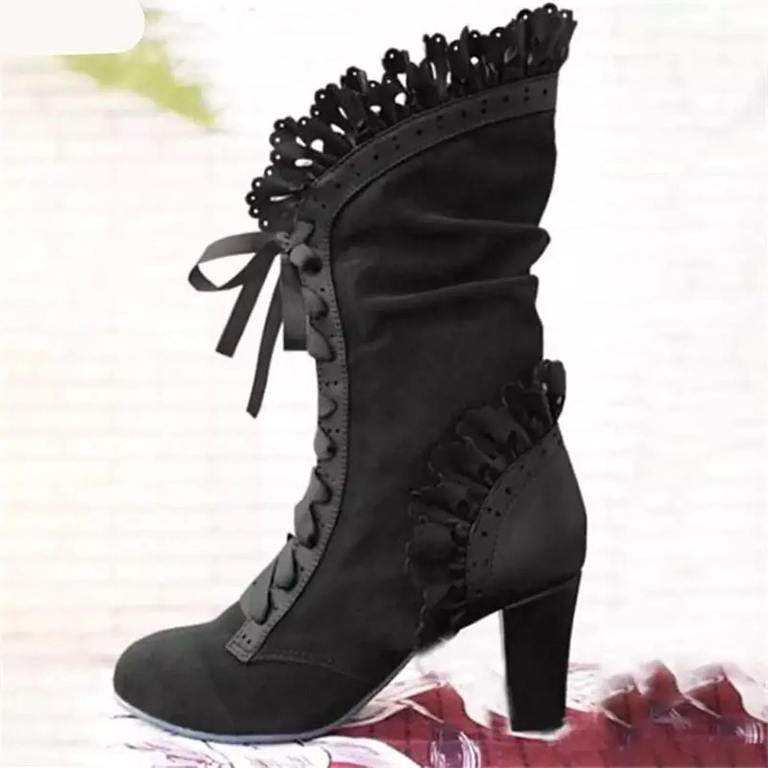 Cathalem Victorian Boots for Women Casual Lace Up Renaissance Boots 70s Mid Heels Vintage Boots Halloween Cosplay Witch Shoes