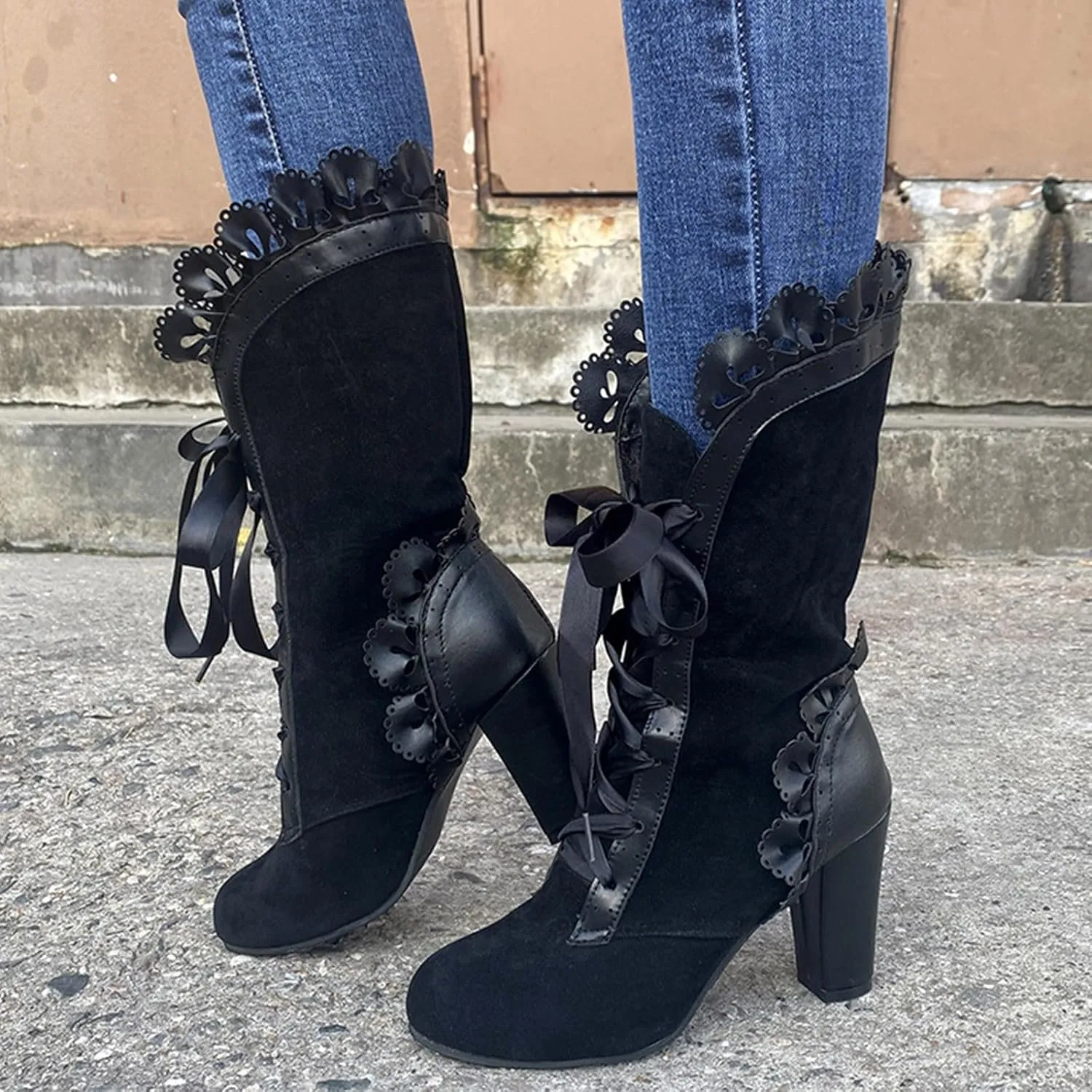 Cathalem Victorian Boots for Women Casual Lace Up Renaissance Boots 70s Mid Heels Vintage Boots Halloween Cosplay Witch Shoes