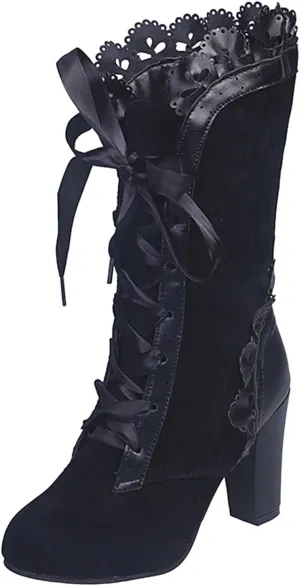 Cathalem Victorian Boots for Women Casual Lace Up Renaissance Boots 70s Mid Heels Vintage Boots Halloween Cosplay Witch Shoes