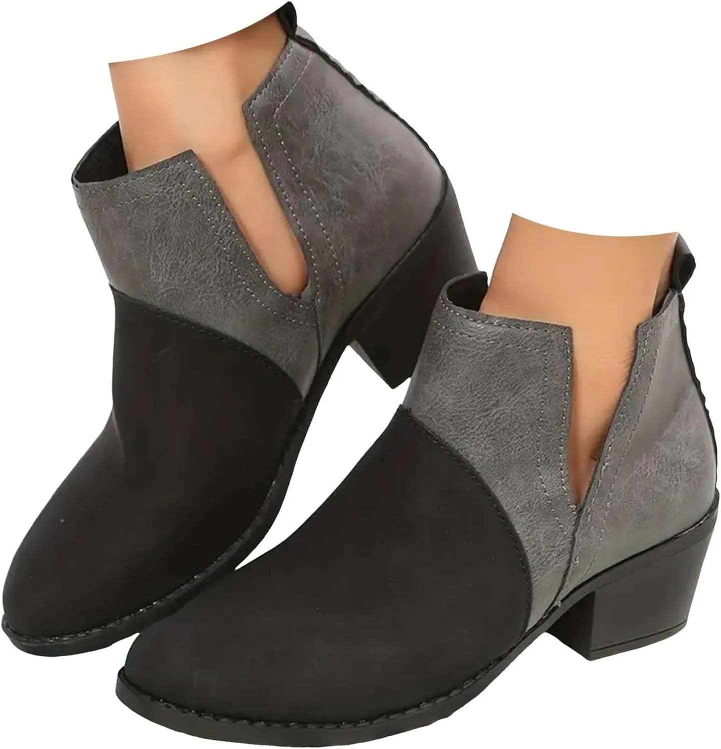 Cathalem Womens Ankle Boots, Ankle Booties for Women V Cut Slip on Ankle Boots Chunky Pointed Toe Cutout Low Heel Shoes