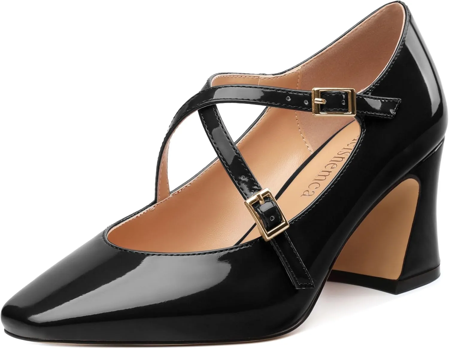 Chunky Block Heels for Women Closed Square Toe Patent Pumps Cross Strap High Heels Evening Party Dress Shoes 2.5IN