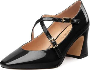 Chunky Block Heels for Women Closed Square Toe Patent Pumps Cross Strap High Heels Evening Party Dress Shoes 2.5IN