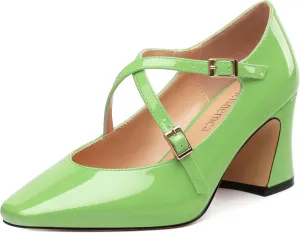 Chunky Block Heels for Women Closed Square Toe Patent Pumps Cross Strap High Heels Evening Party Dress Shoes 2.5IN
