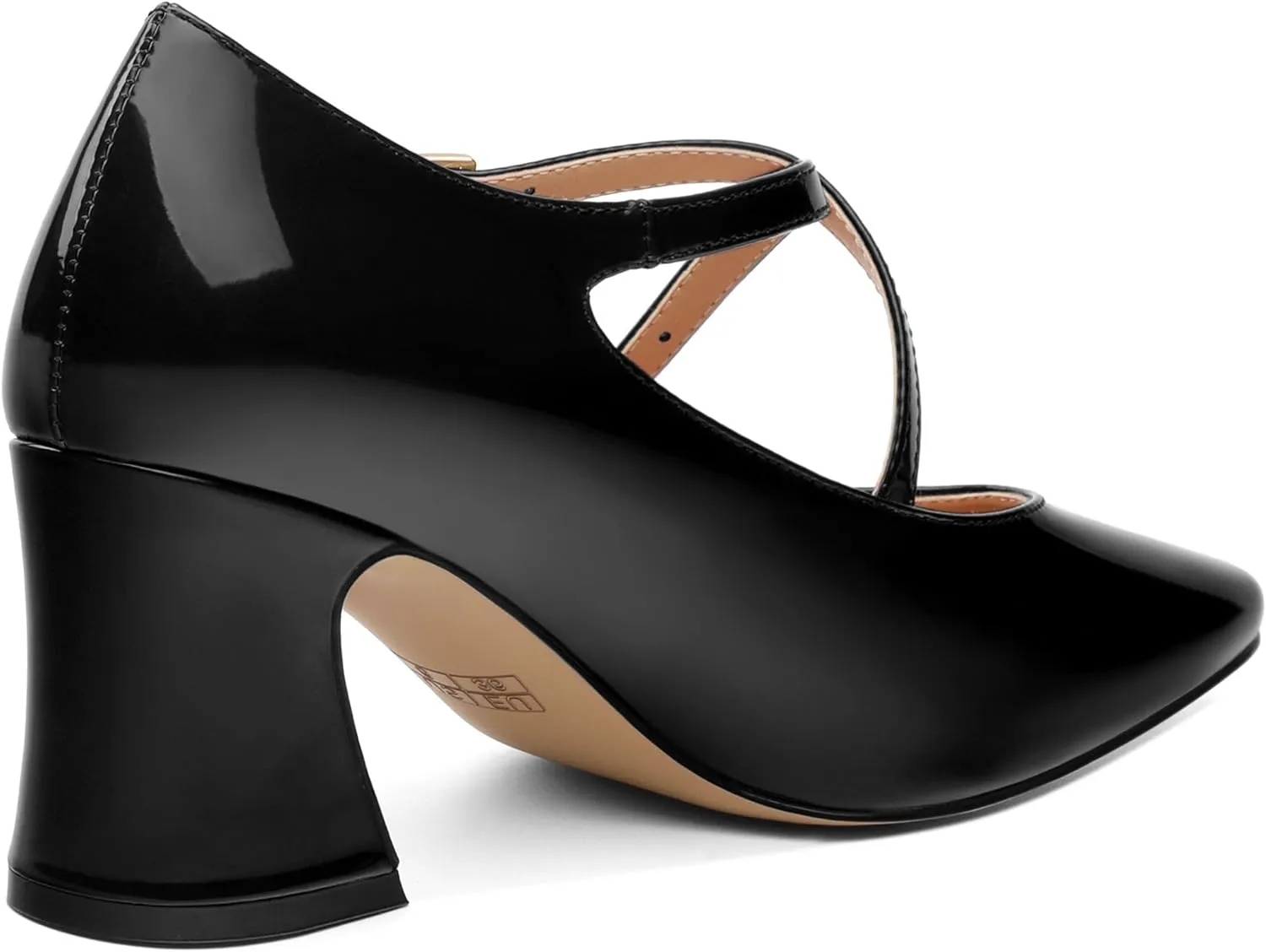 Chunky Block Heels for Women Closed Square Toe Patent Pumps Cross Strap High Heels Evening Party Dress Shoes 2.5IN