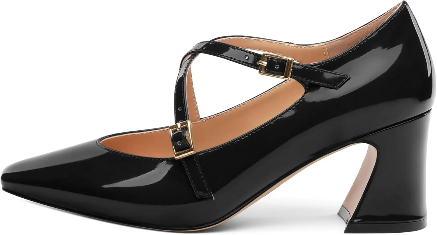 Chunky Block Heels for Women Closed Square Toe Patent Pumps Cross Strap High Heels Evening Party Dress Shoes 2.5IN