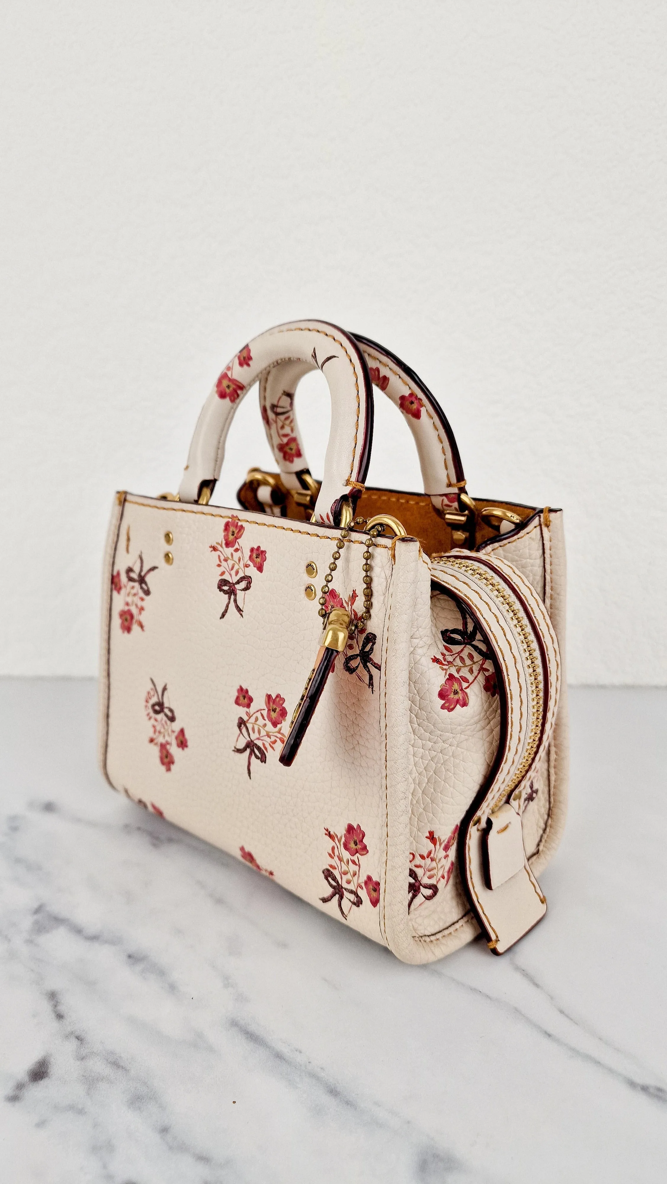 Coach 1941 Rogue 17 Floral Bow Chalk White Crossbody Bag Mini Bag in Pebbled Leather - Coach 26835