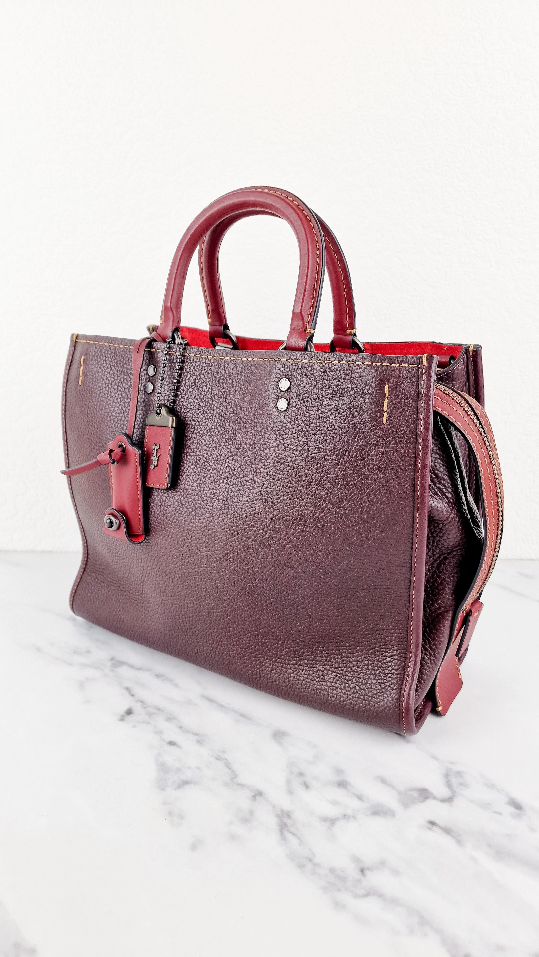 Coach 1941 Rogue 31 Oxblood Brown Pebble Leather Red Suede Lining Satchel Handbag Coach 38124