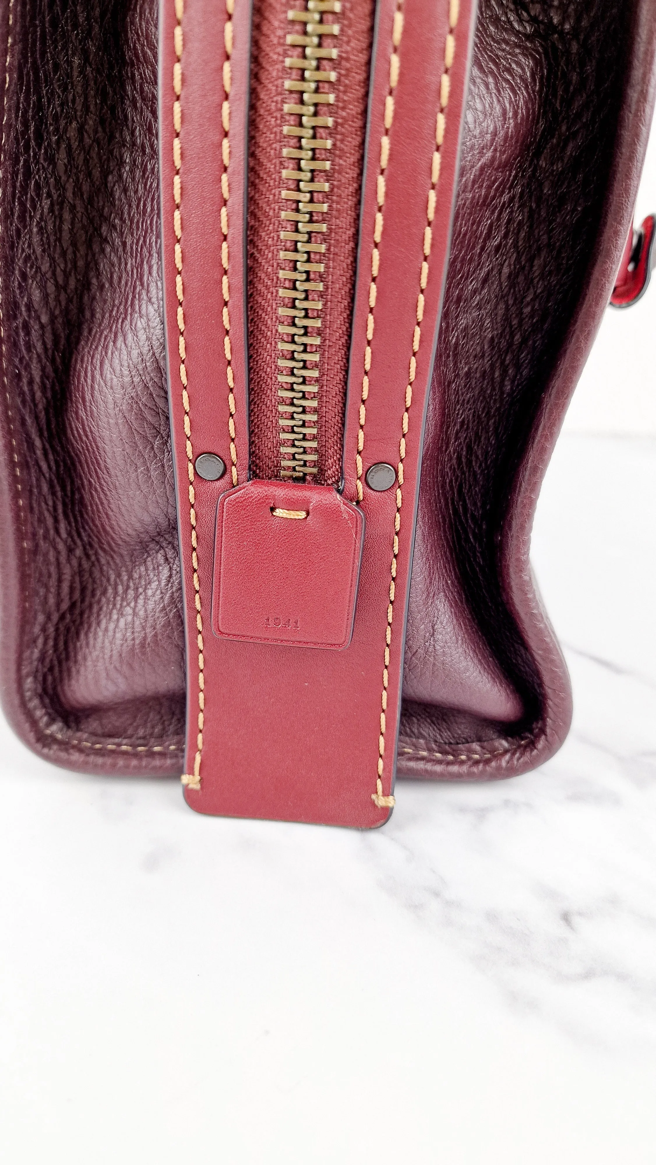Coach 1941 Rogue 31 Oxblood Brown Pebble Leather Red Suede Lining Satchel Handbag Coach 38124