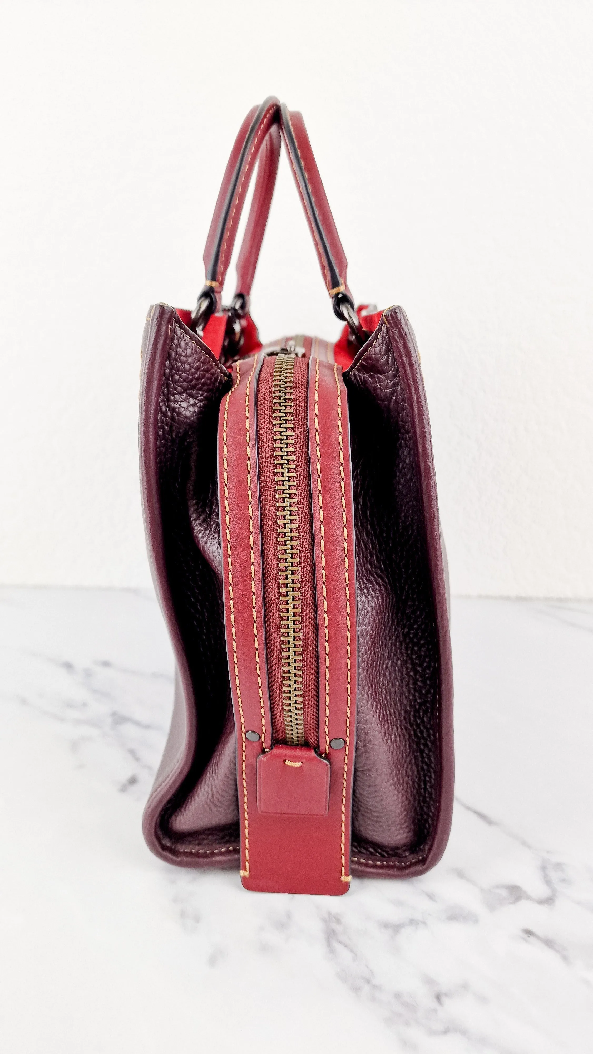 Coach 1941 Rogue 31 Oxblood Brown Pebble Leather Red Suede Lining Satchel Handbag Coach 38124