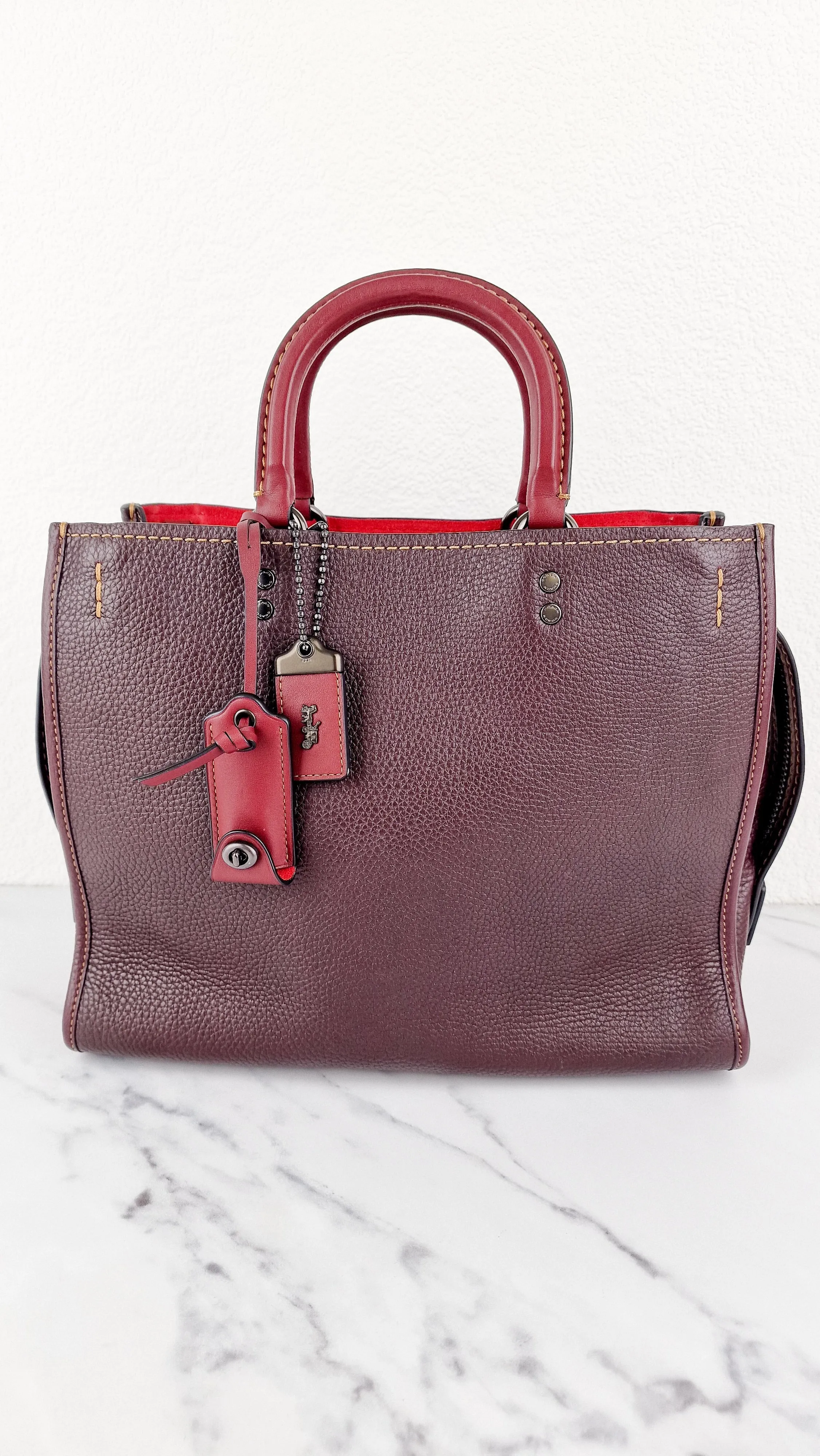 Coach 1941 Rogue 31 Oxblood Brown Pebble Leather Red Suede Lining Satchel Handbag Coach 38124