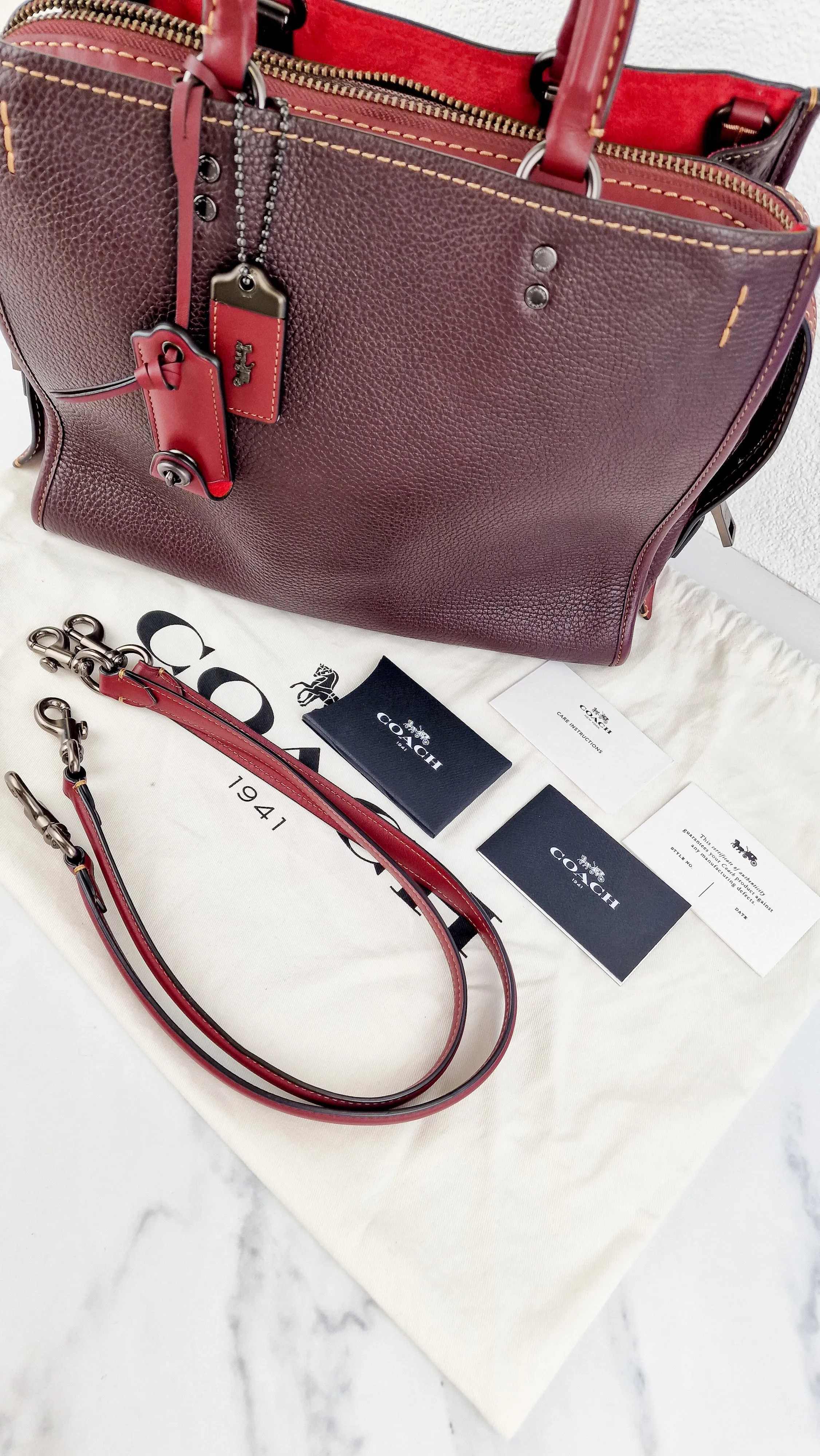 Coach 1941 Rogue 31 Oxblood Brown Pebble Leather Red Suede Lining Satchel Handbag Coach 38124