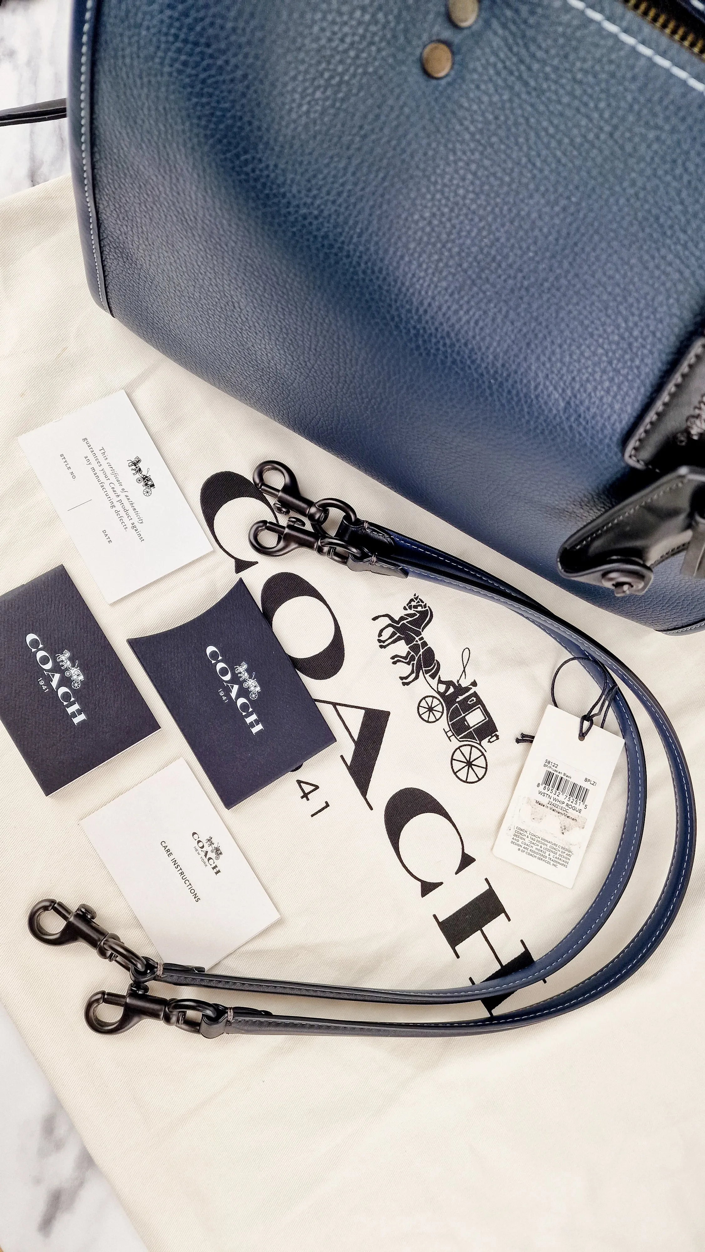 Coach 1941 Rogue 31 Prussian Blue Western Whiplash Whipstitch with Black Suede Lining Handbag Coach 58122