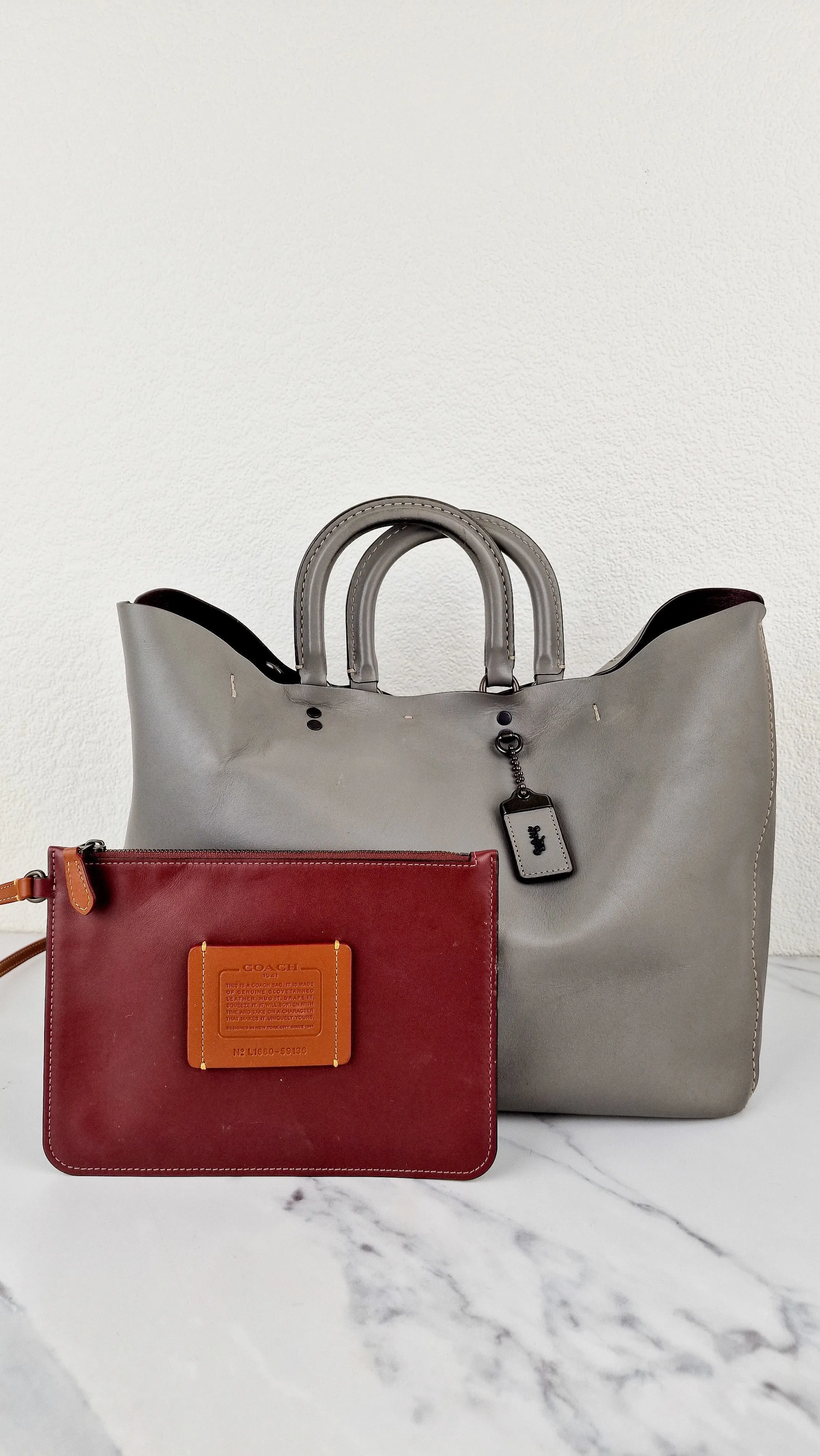 Coach 1941 Rogue Tote Bag Grey Smooth Leather Handbag Shoulder Bag - Coach 59136