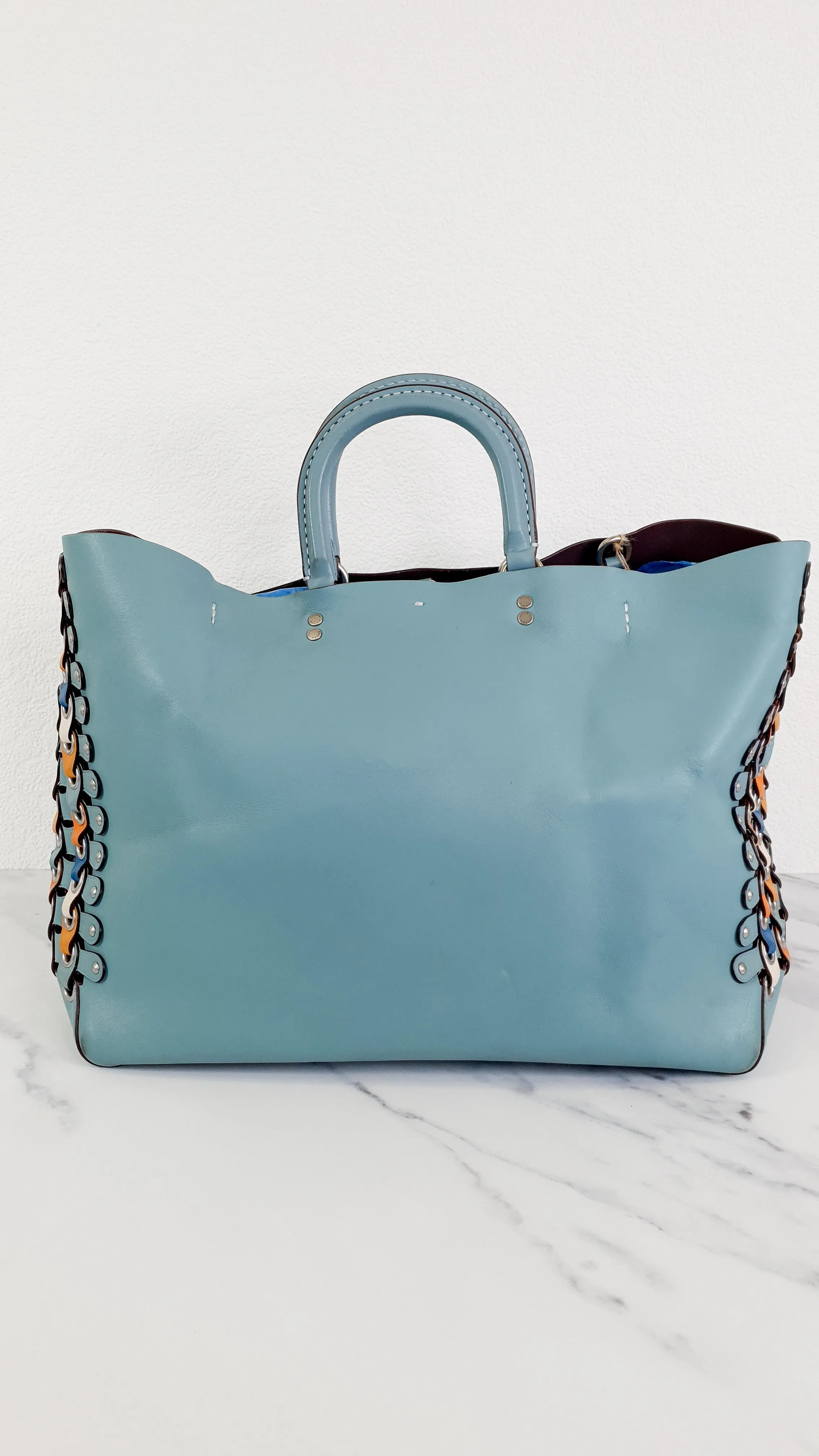 Coach 1941 Rogue Tote Bag With Links in Steel Blue Smooth Leather Handbag Shoulder Bag - Coach 86809