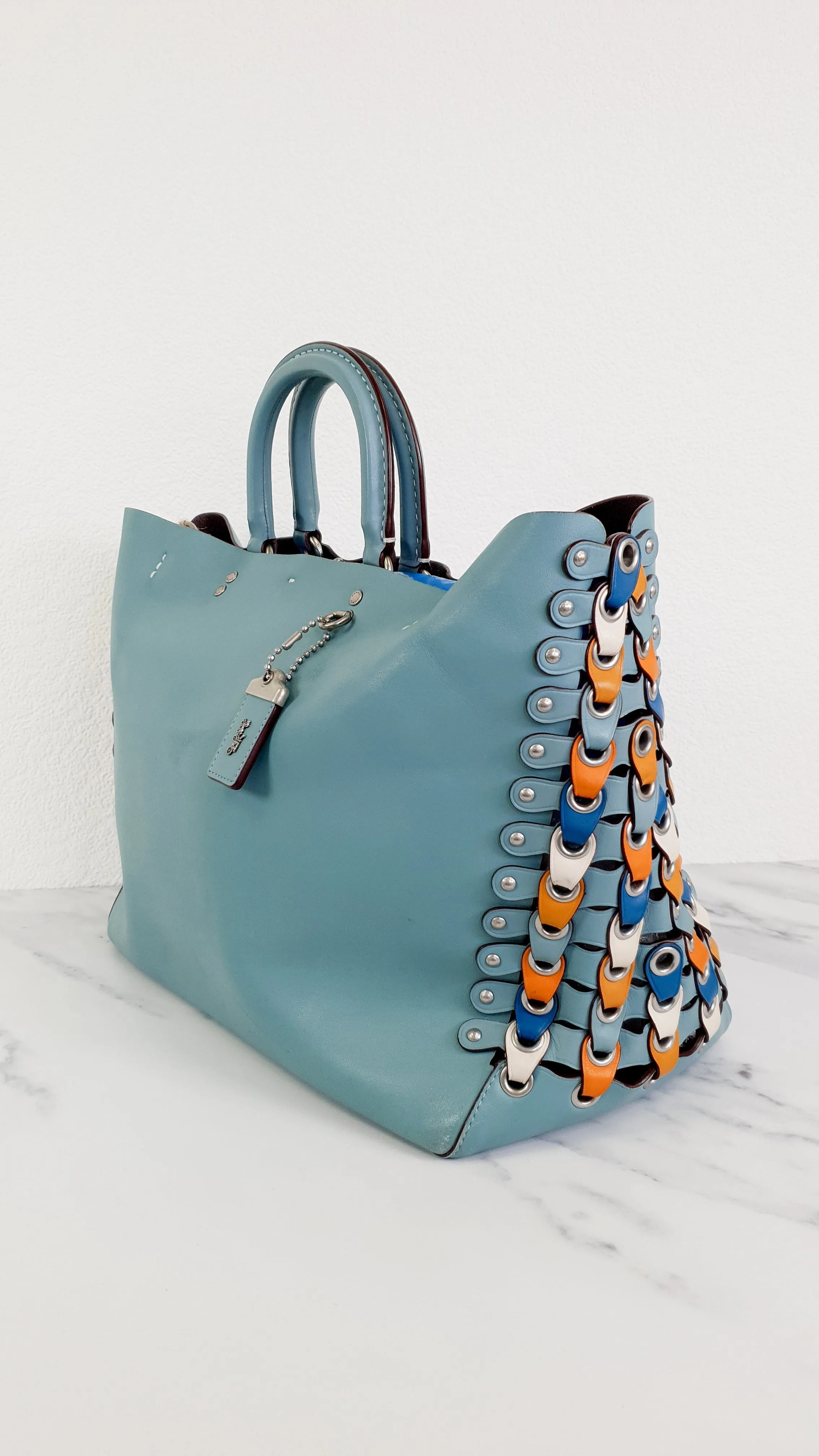 Coach 1941 Rogue Tote Bag With Links in Steel Blue Smooth Leather Handbag Shoulder Bag - Coach 86809