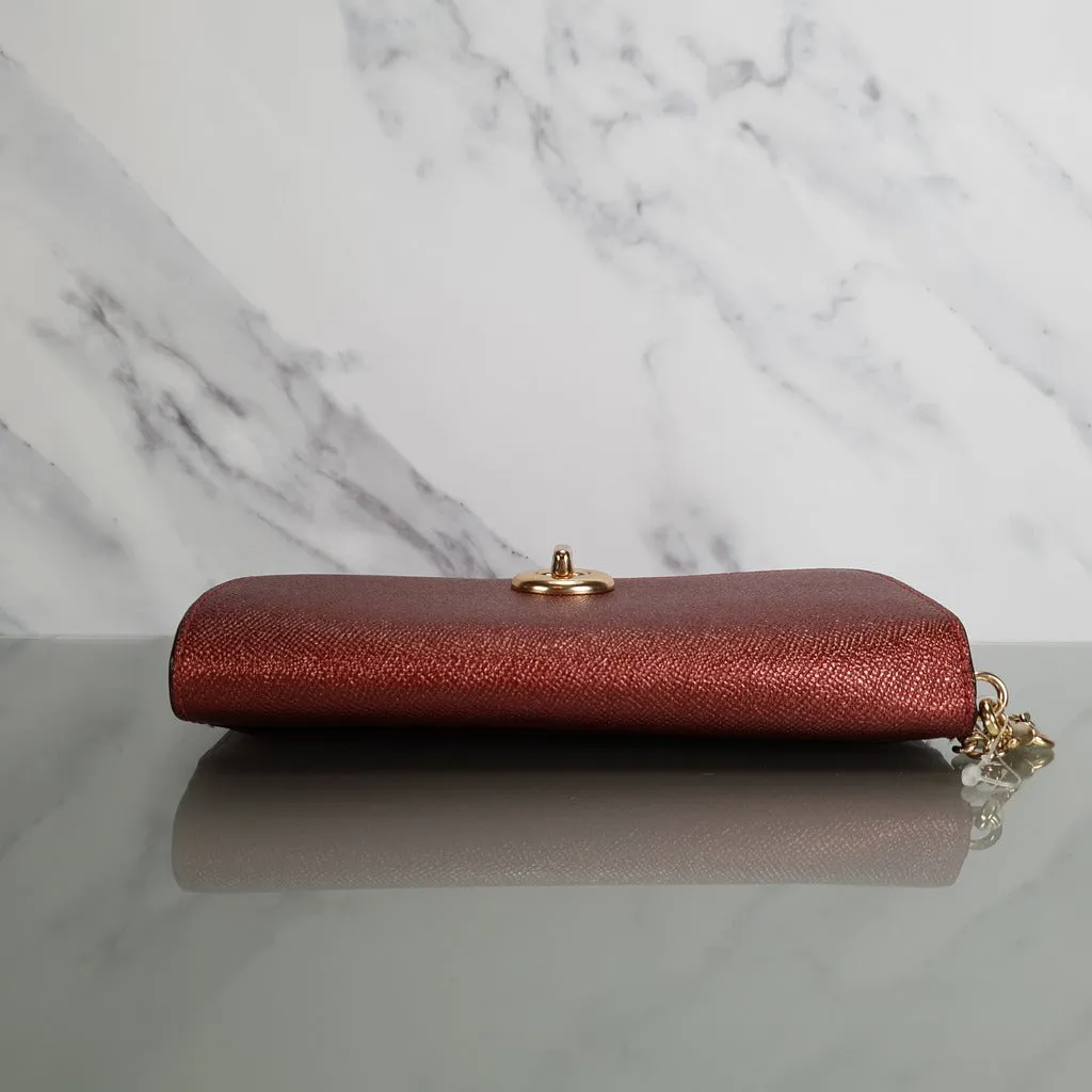 Coach Chain Crossbody in Metallic Red Burgundy Crossgrain Leather with Turnlock - Clutch Wristlet Bag - Coach F22828