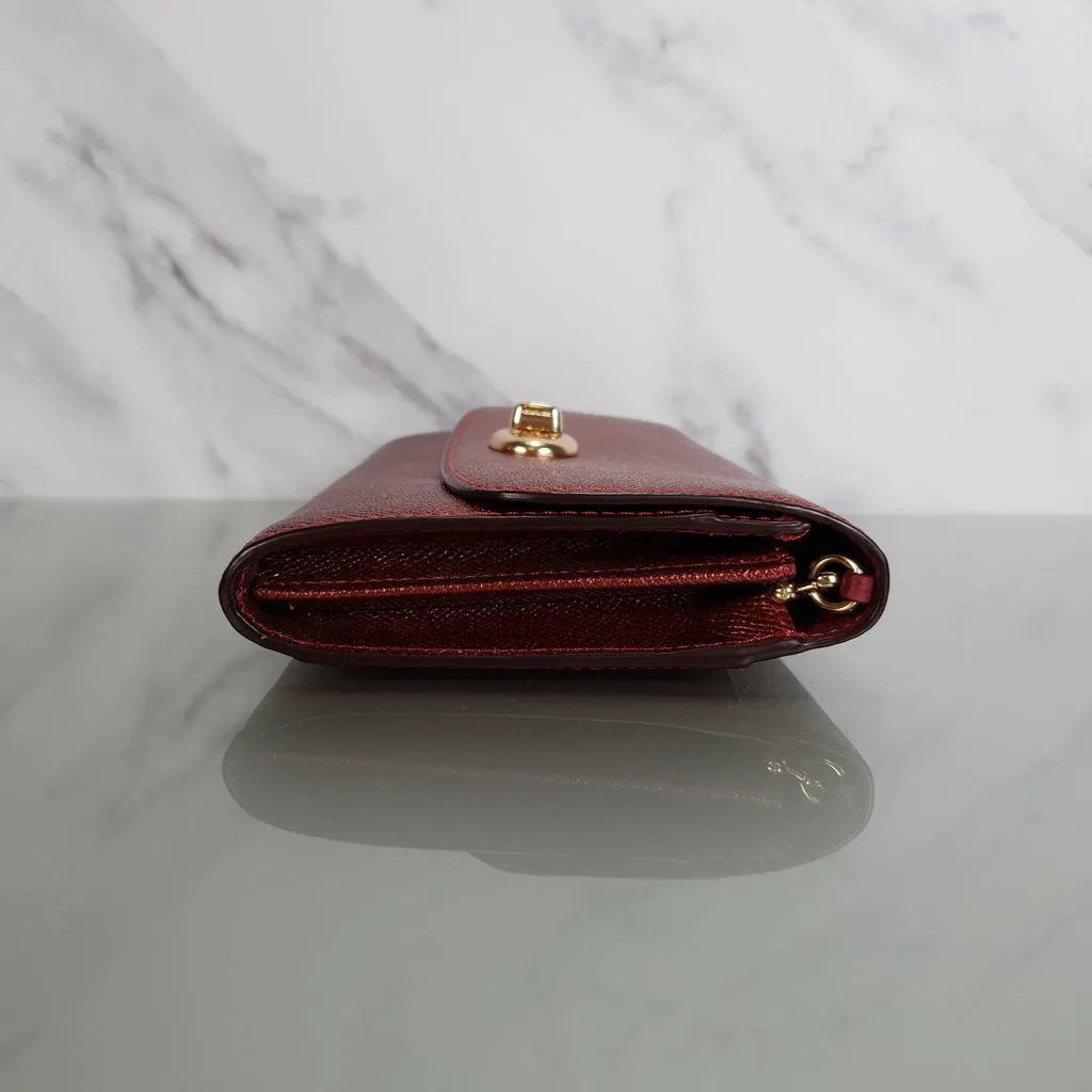 Coach Chain Crossbody in Metallic Red Burgundy Crossgrain Leather with Turnlock - Clutch Wristlet Bag - Coach F22828