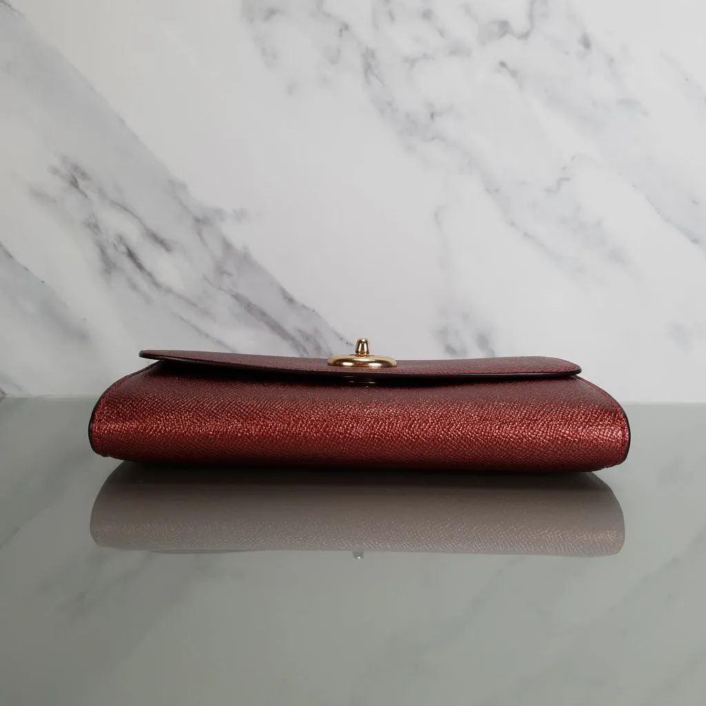 Coach Chain Crossbody in Metallic Red Burgundy Crossgrain Leather with Turnlock - Clutch Wristlet Bag - Coach F22828