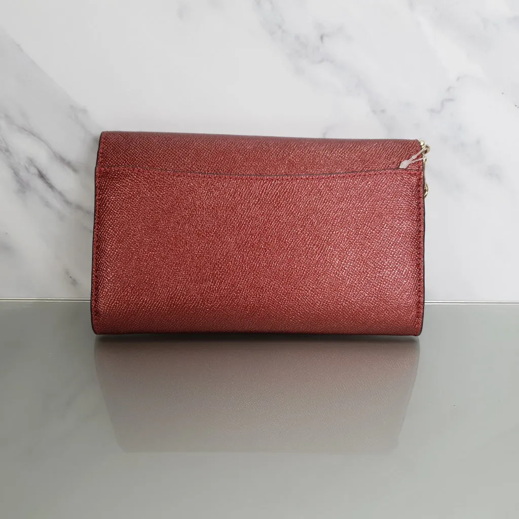 Coach Chain Crossbody in Metallic Red Burgundy Crossgrain Leather with Turnlock - Clutch Wristlet Bag - Coach F22828