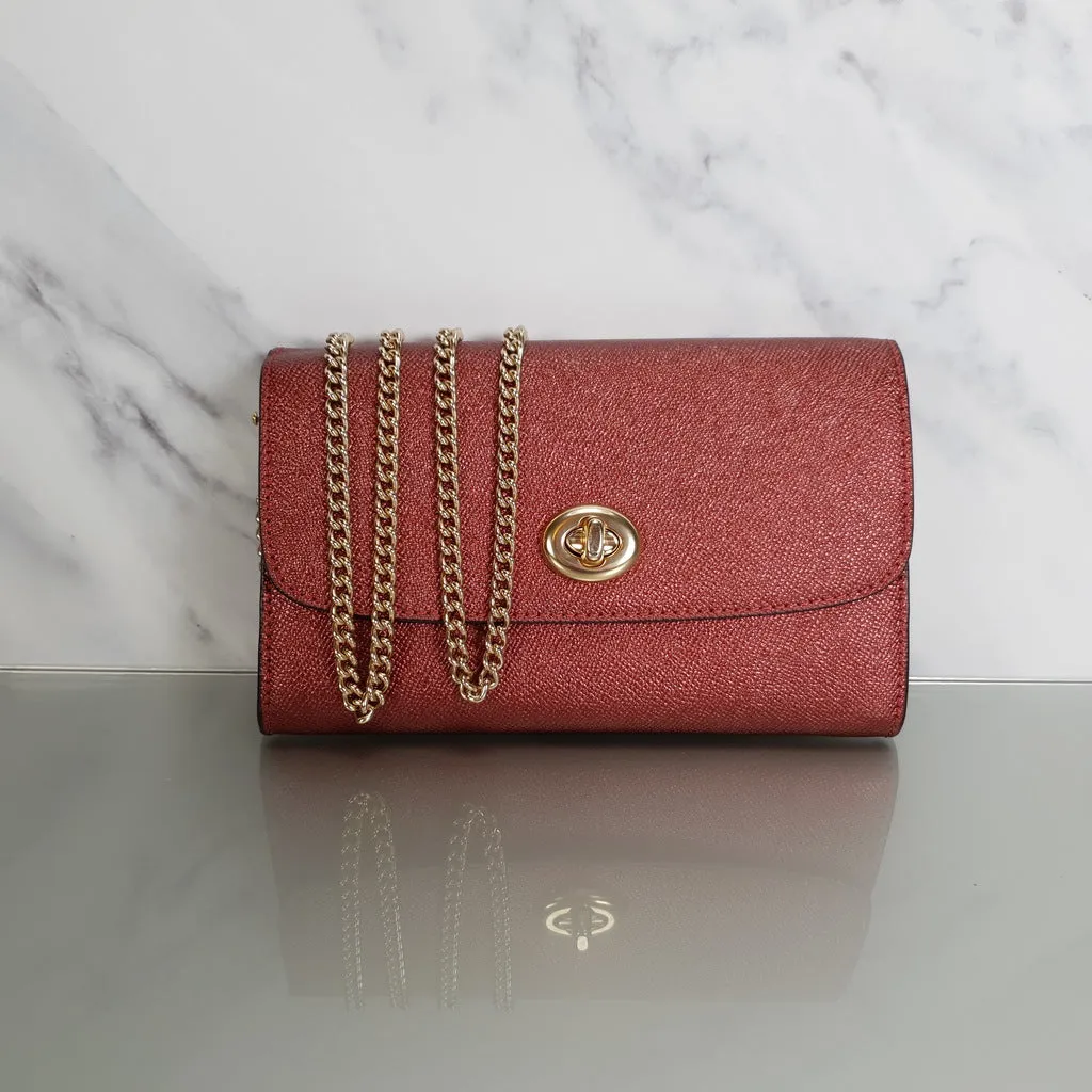 Coach Chain Crossbody in Metallic Red Burgundy Crossgrain Leather with Turnlock - Clutch Wristlet Bag - Coach F22828