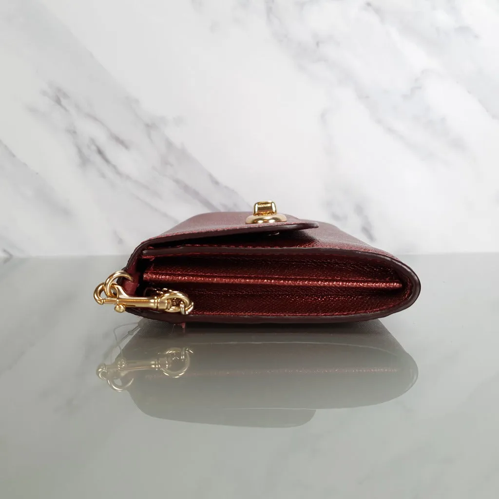 Coach Chain Crossbody in Metallic Red Burgundy Crossgrain Leather with Turnlock - Clutch Wristlet Bag - Coach F22828