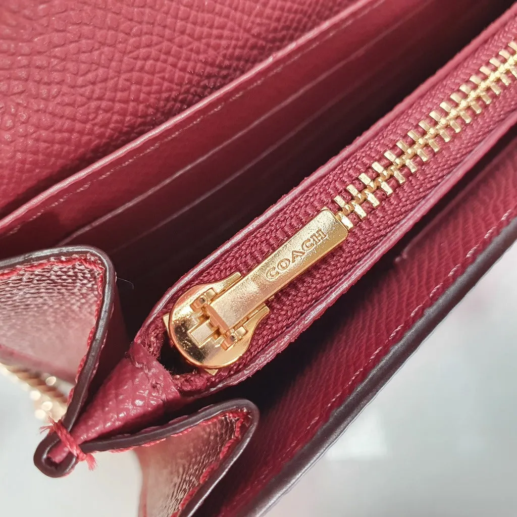 Coach Chain Crossbody in Metallic Red Burgundy Crossgrain Leather with Turnlock - Clutch Wristlet Bag - Coach F22828