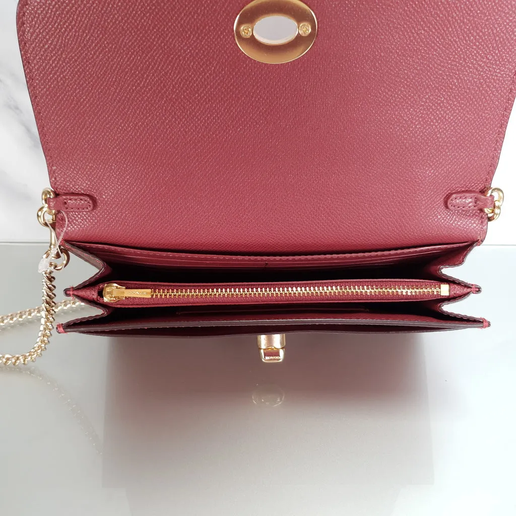 Coach Chain Crossbody in Metallic Red Burgundy Crossgrain Leather with Turnlock - Clutch Wristlet Bag - Coach F22828