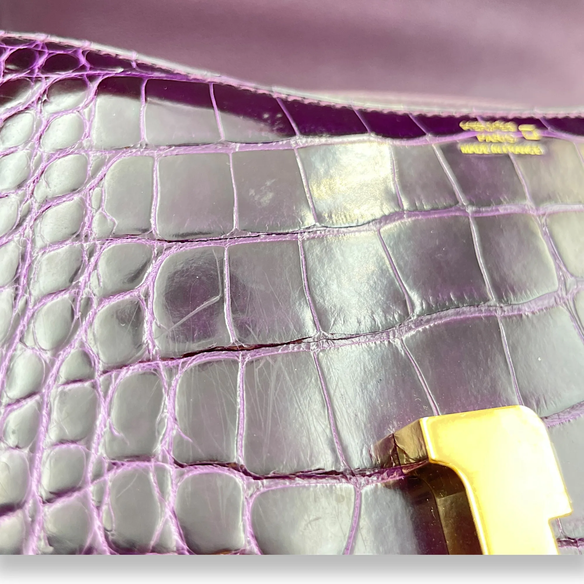 Constance 18 Amethyst in Shiny Alligator, Gold hardware