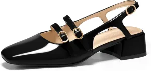 Coutgo Womens Mary Jane Chunky Low Heels Slingback Pumps Closed Square Toe Wedding Dress Shoes