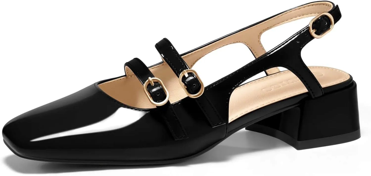 Coutgo Womens Mary Jane Chunky Low Heels Slingback Pumps Closed Square Toe Wedding Dress Shoes