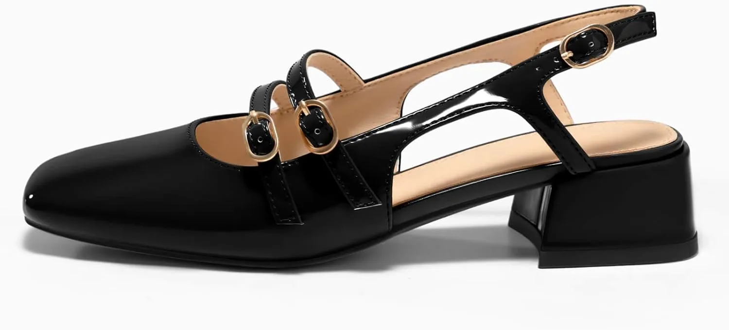 Coutgo Womens Mary Jane Chunky Low Heels Slingback Pumps Closed Square Toe Wedding Dress Shoes