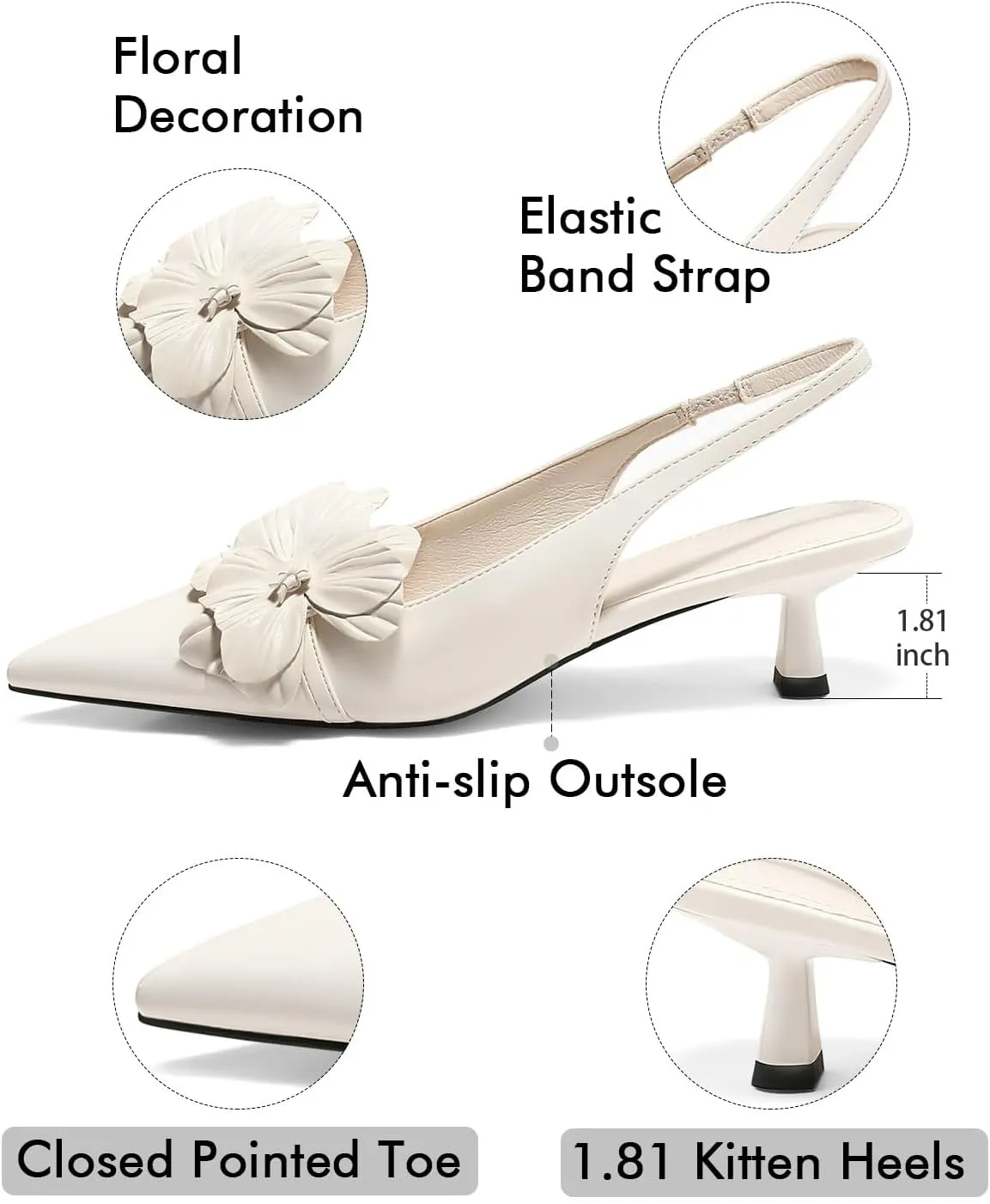 Coutgo Womens Slingback Kitten Heels Flower Closed Pointed Toe Pumps Wedding Party Dress Sandals Shoes